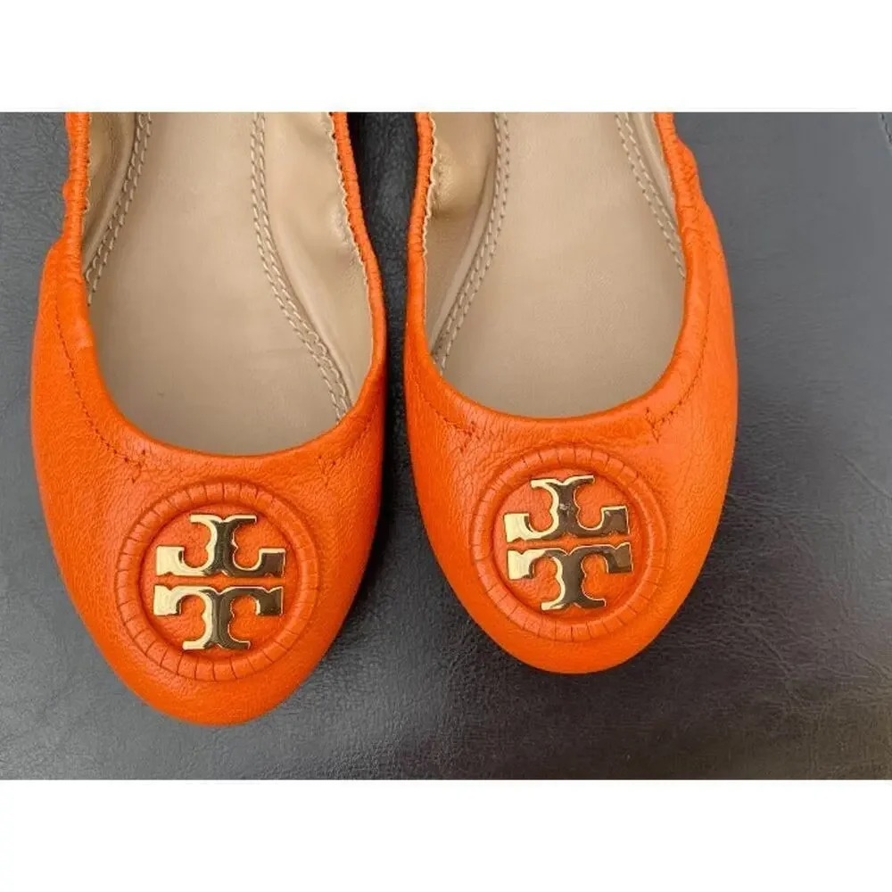 Tory Burch Minnie Travel Ballet Leather Casual Orange Women's US 5 Slip-Ons